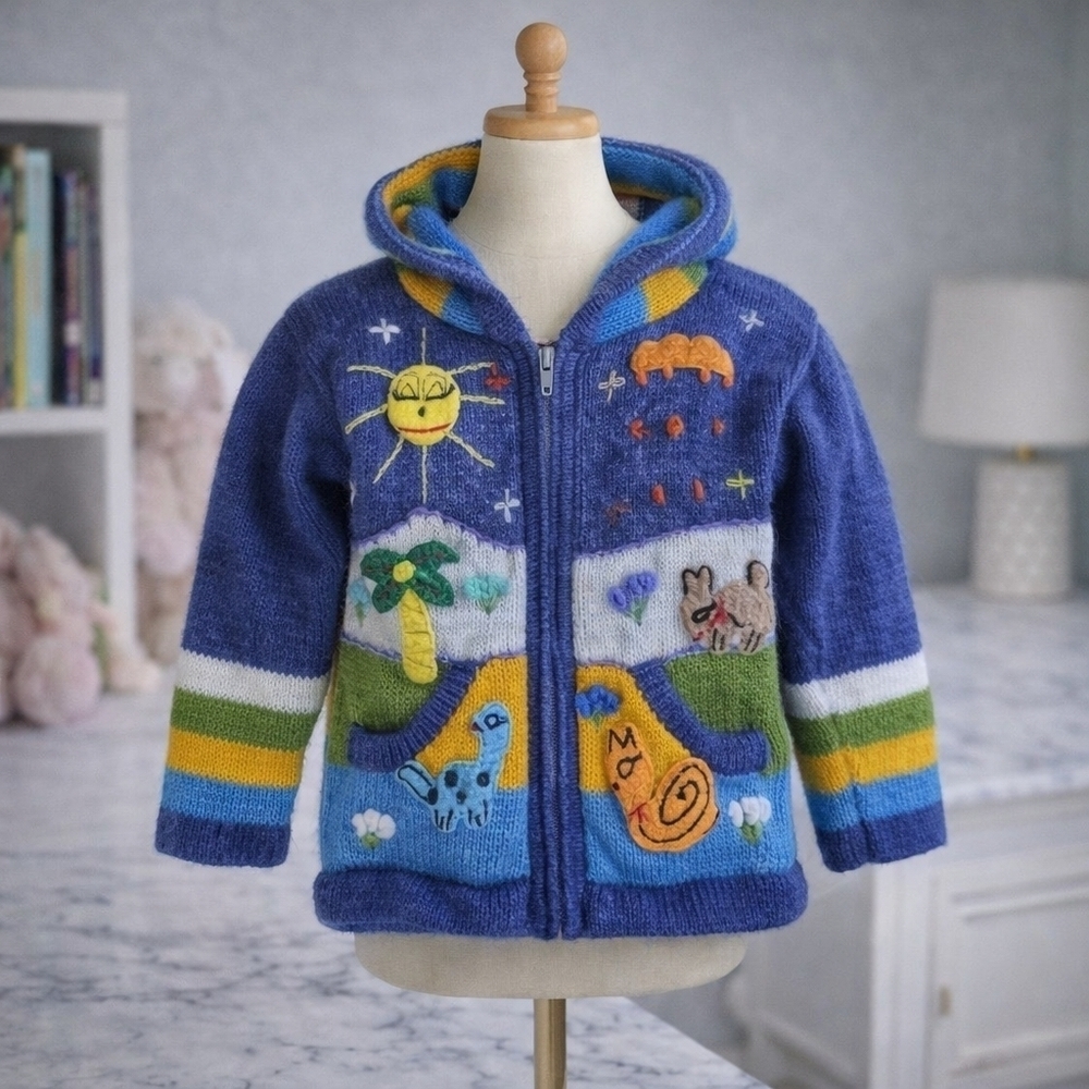 Embroidered Peruvian Wool Toddler 3T/4T Handknit One Of A Kind Peru Sweater